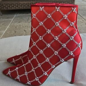 Sz 10- Betsey Johnson Larkk Red Latice Embelished Sheer Mesh Booties- Party Grad